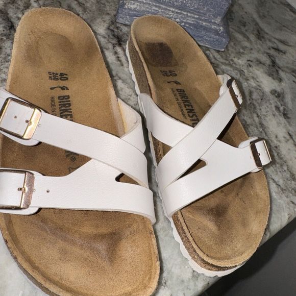 Birkenstock White Mules with Rose Gold Buckles - Picture 2 of 8